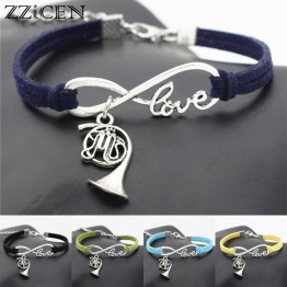 Creative  Vintage Musical Instrument Antique Silver French Horn Charm Infinity Love Music Trumpet Leather Bracelets