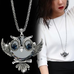 Classic Silver Long Popcorn Chain Owl Crystal Rhinestone Pendant Necklace For Women