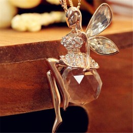 Fashion Crystal Angel Wings Gold Color Long Chain Ahiny Butterfly Fairy Necklace for Women