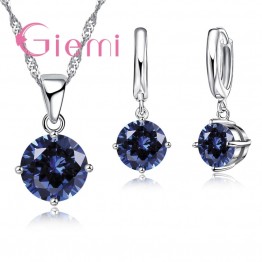 Hot Sale 8 Colors Crystal Pendant Necklace Earrings Set 925 Sterling Silver Elegant Jewelry Valentine Gifts