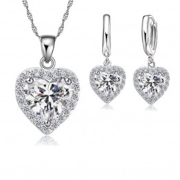 Fine 925 Sterling Silver Jewelry Heart Austrian Crystal Necklaces Earrings Set