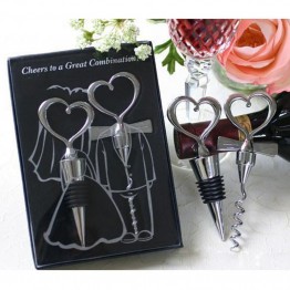 Love Heart Corkscrew Wine Bottle Opener + Wine Stopper Wedding Gift