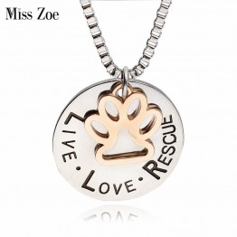 Lettering LIVE LOVE RESCUE Hollow Gold Paw Claw Pendant Necklace Angel Pet Simple Jewelry Adopt Dog Lovers Special Gift 