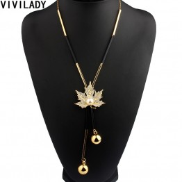 Lovely Maple Leaf Long Beaded Chain Tassel Pendant Necklace For Office Lady