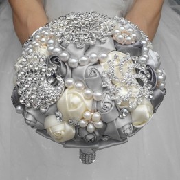 Elegant Custom Ivory Bridal Wedding Bouquets Stunning Pearls Beaded Crystal Brooch Stitch